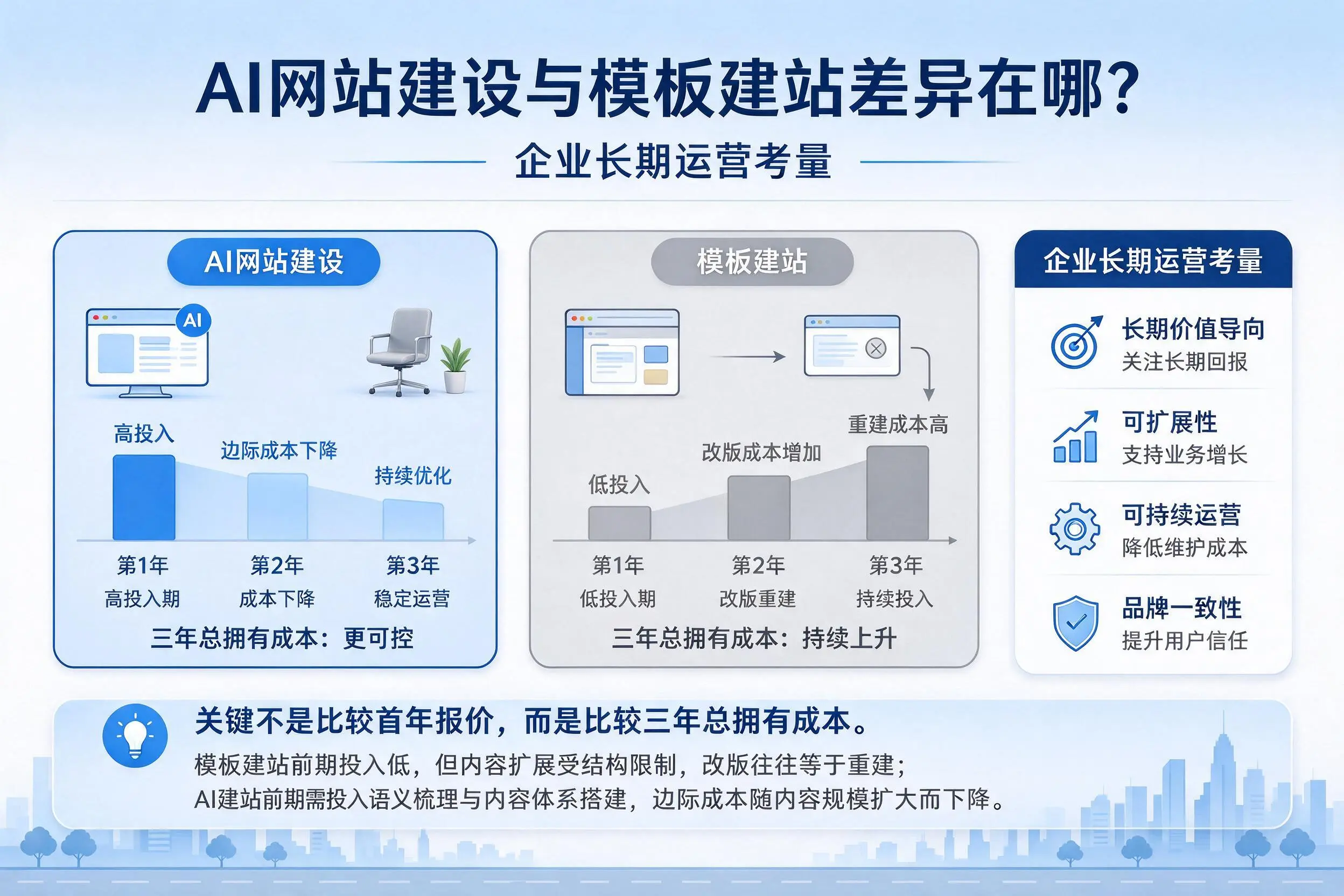 AI网站建设与模板建站差异在哪?台州企业长期运营考量